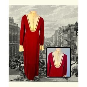 Vintage 60s Red Velvet Ivory Bib Collar High Waist Victorian Maxi Dress Size M